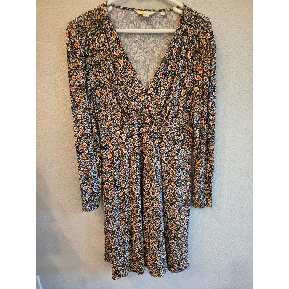 Boden Woman's Floral Cottagecore Jersey Tea Dress V-Neck Long-Sleeve Size 10